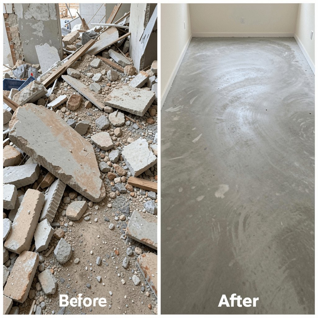 A room strewn with broken concrete and renovation rubble, shown beside the same room afterwards with a clean bare floor