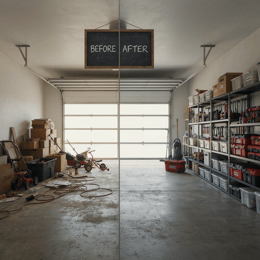 A cluttered garage before JunkMatter cleared it, shown beside the same garage afterwards with tools and bins neatly stored