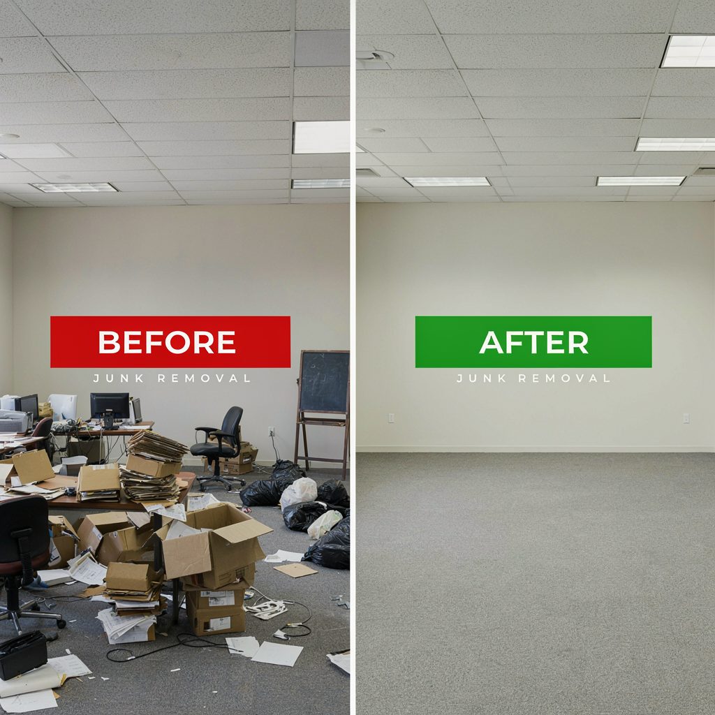 An office buried in boxes, paperwork, and old desks before removal, shown beside the same room afterwards with bare carpet and clear walls
